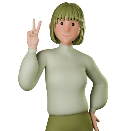 Jovem mulher em traje verde mostrando sinal de paz com a mão esquerda  3D Icon