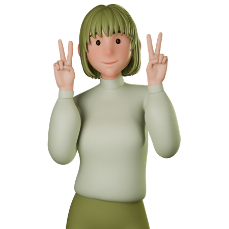Jovem mulher em traje verde mostrando sinal de paz com ambas as mãos  3D Icon