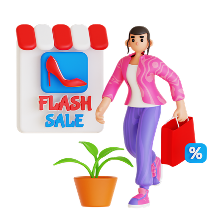 Jovem mulher fazendo compras on-line em liquidação relâmpago  3D Illustration