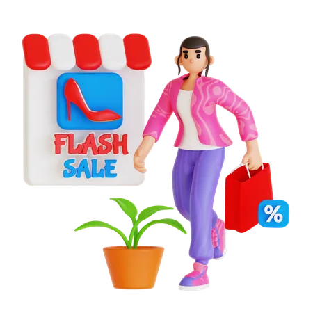 Jovem mulher fazendo compras on-line em liquidação relâmpago  3D Illustration