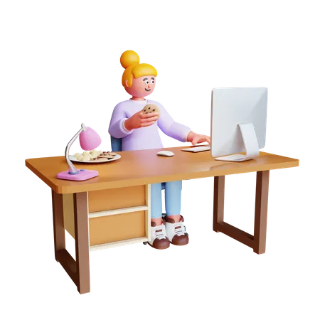 Jovem trabalha em um computador enquanto come biscoitos  3D Illustration