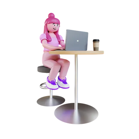 Jovem trabalhando no laptop e sentada na cadeira  3D Illustration