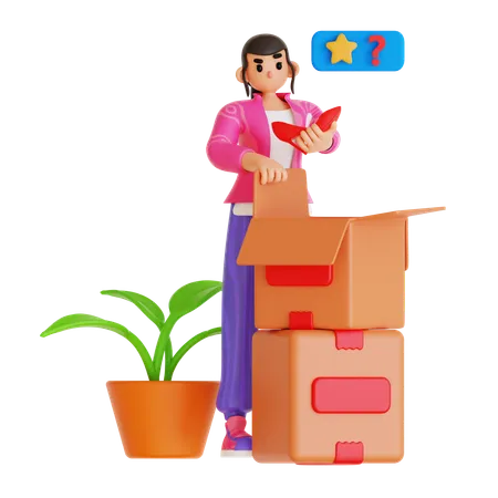 Jovem mulher verificando uma avaliação ruim de produto  3D Illustration