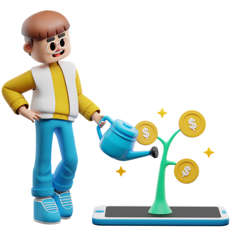 Jovem regando planta de dólar  3D Icon