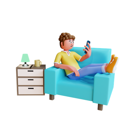 Jovem relaxa no sofá e usa smartphone  3D Illustration