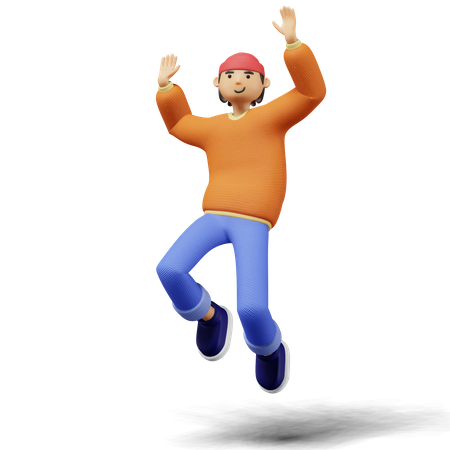 Jovem salta com as duas mãos no ar  3D Illustration