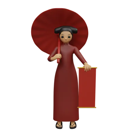 Moça que guarda o guarda-chuva e a bandeira chineses  3D Illustration