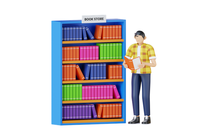 Jovem segurando livro na livraria  3D Illustration