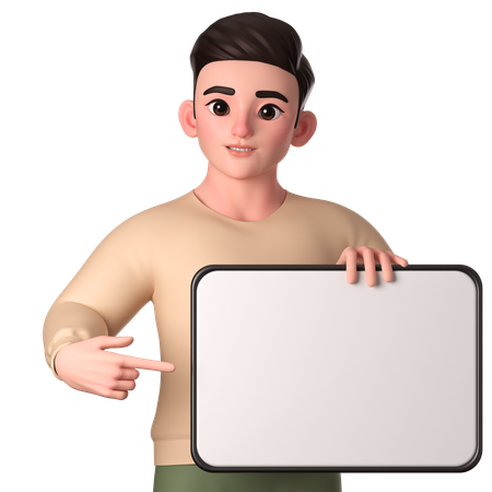 Jovem segurando um tablet branco com a mão esquerda e a direita apontando  3D Illustration