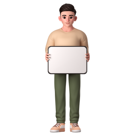 Jovem segurando um grande tablet branco com as duas mãos para promover  3D Illustration