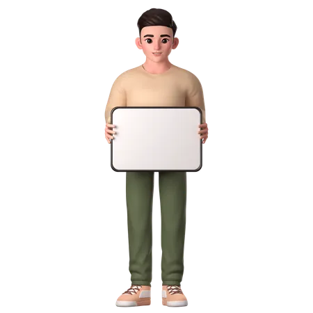 Jovem segurando um grande tablet branco com as duas mãos para promover  3D Illustration