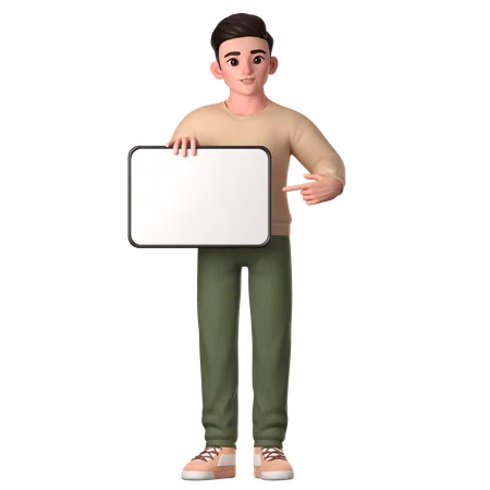 Jovem segurando um grande tablet digital branco com a mão direita e a esquerda apontando para promover  3D Illustration