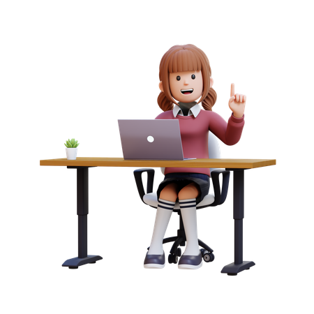 Jovem sentada à mesa com um laptop e tendo uma ideia  3D Illustration