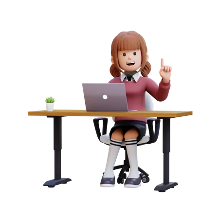 Jovem sentada à mesa com um laptop e tendo uma ideia  3D Illustration
