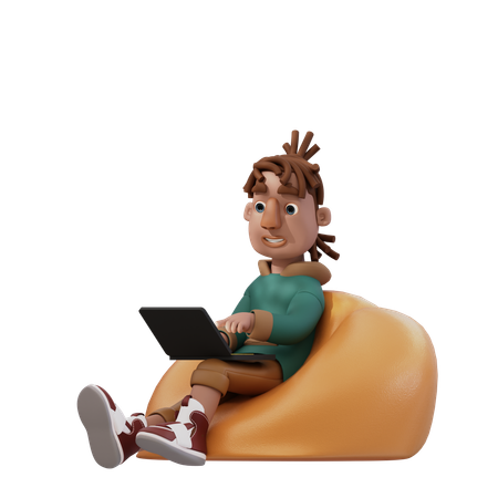 Jovem sentado e usando laptop  3D Illustration