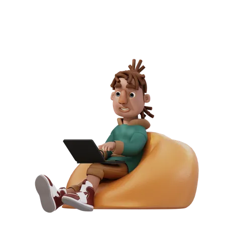 Jovem sentado e usando laptop  3D Illustration