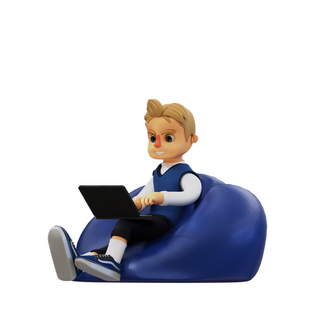 Jovem sentado e usando laptop  3D Illustration