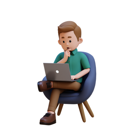 Jovem sentado no sofá e trabalhando no laptop com pose de pensamento  3D Illustration