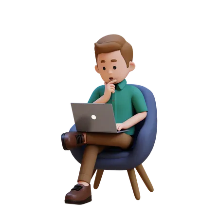 Jovem sentado no sofá e trabalhando no laptop com pose de pensamento  3D Illustration