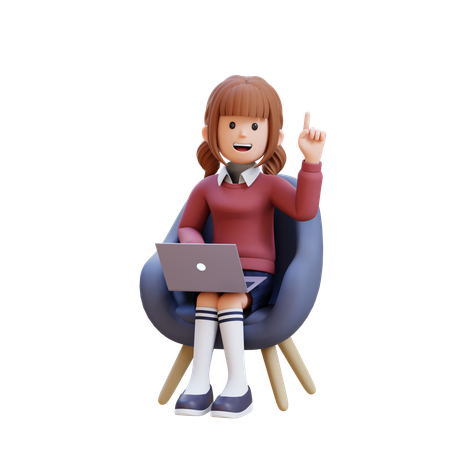 Jovem tendo uma ideia enquanto está sentada no sofá e trabalha no laptop  3D Icon
