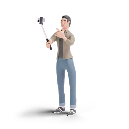 Jovem tirando selfie usando bastão de selfie  3D Icon