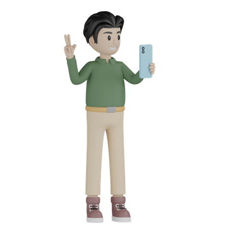 Jovem tirando selfie usando celular  3D Icon