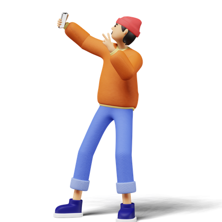 Jovem tirando selfie usando telefone  3D Illustration