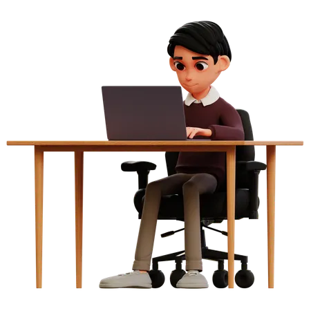 Jovem trabalhando com laptop no escritório  3D Icon