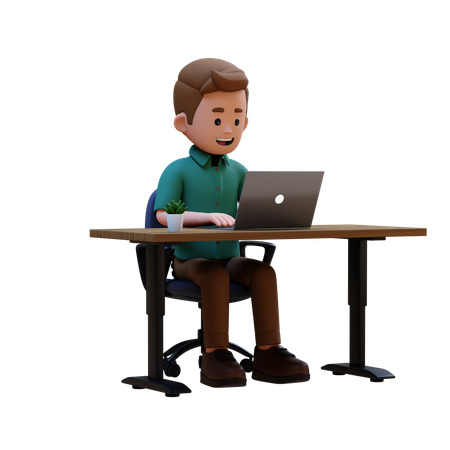 Jovem trabalhando em laptop no local de trabalho  3D Illustration