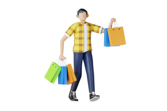 Jovem volta das compras com sacolas de compras  3D Illustration