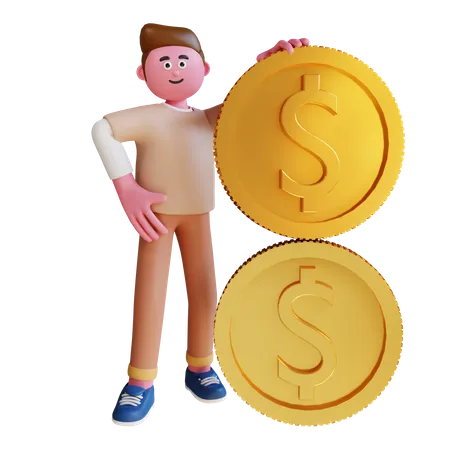 Hombre joven con moneda de dólar grande  3D Illustration