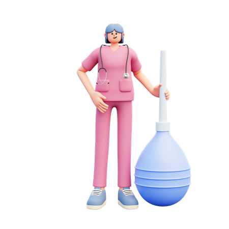 Joven médico de pie cerca de Big Blue Enema Clyster  3D Illustration