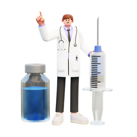 Médico joven de pie con jeringa y frasco de vacuna  3D Illustration