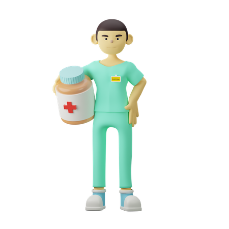 Doctor joven que sostiene el frasco de medicina  3D Illustration