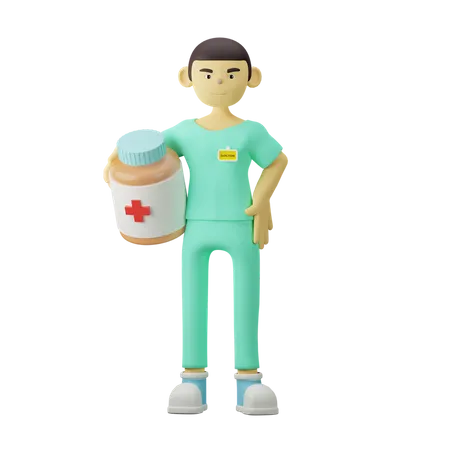 Doctor joven que sostiene el frasco de medicina  3D Illustration