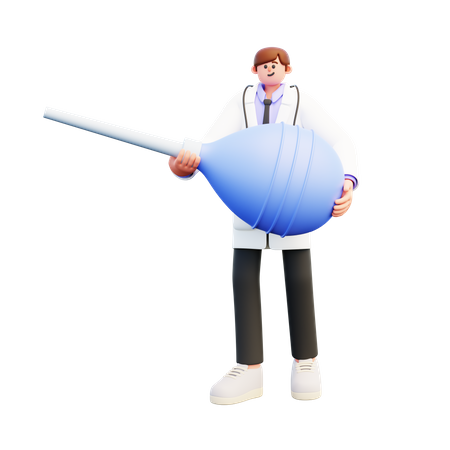 Joven médico sosteniendo un gran clyster de enema azul  3D Illustration