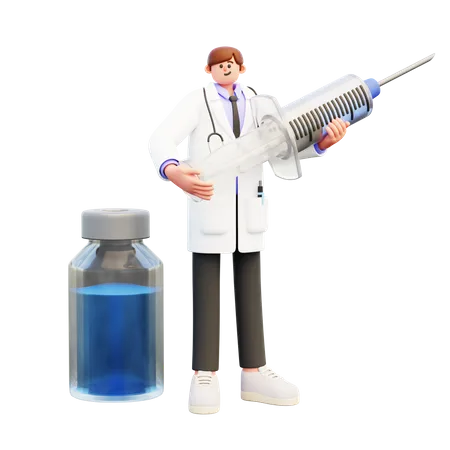 Médico joven sosteniendo una jeringa y de pie cerca del frasco de vacuna  3D Illustration