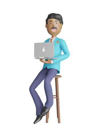 Joven empresario del sur de India trabajando en una computadora portátil mientras está sentado en una silla  3D Illustration