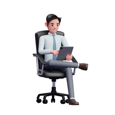 Joven empresario sentado con las piernas cruzadas jugando tablet  3D Illustration