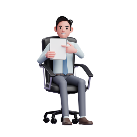 Joven empresario sentado en una silla de oficina apuntando con el dedo a la pantalla de la tableta  3D Illustration