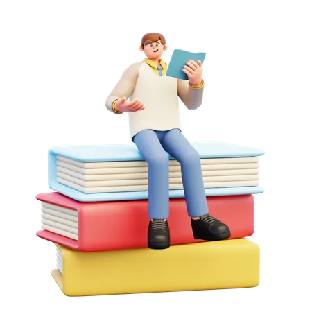 Profesor joven sentado en libros  3D Illustration