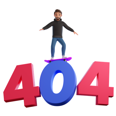 Joven patinando sobre el error 404  3D Illustration