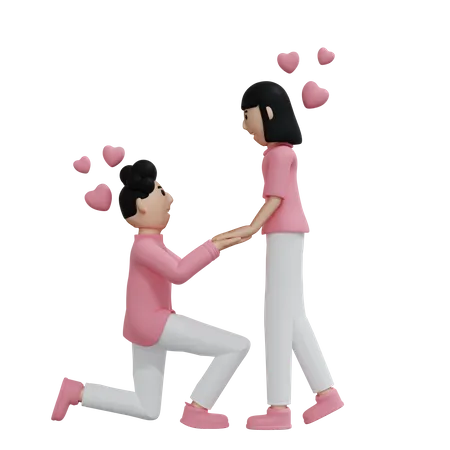 Un joven propone matrimonio a una mujer el día de San Valentín  3D Illustration