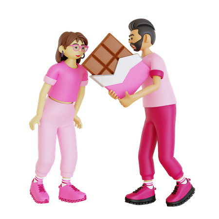 Joven dando barra de chocolate a mujer  3D Illustration