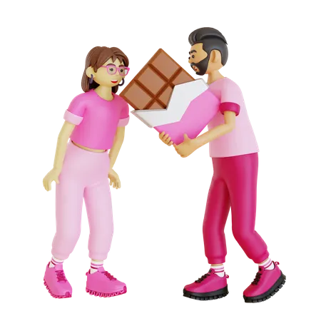 Joven dando barra de chocolate a mujer  3D Illustration