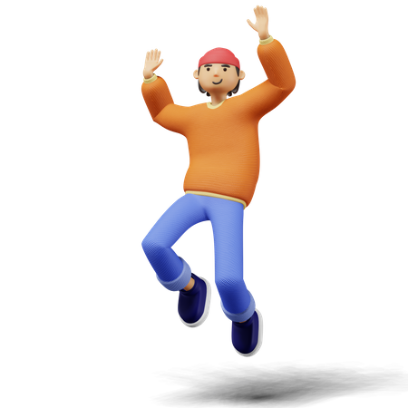 El joven salta con las dos manos en el aire.  3D Illustration
