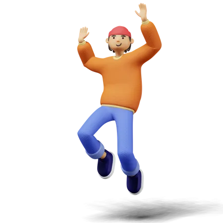 El joven salta con las dos manos en el aire.  3D Illustration