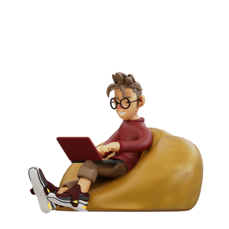 Joven sentado y usando laptop  3D Illustration