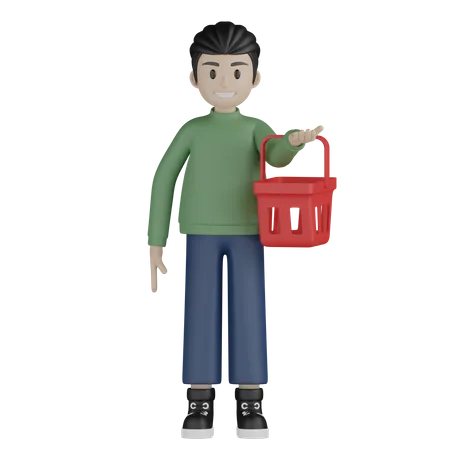 Un joven sosteniendo una cesta de compras  3D Illustration