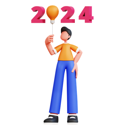 Hombre joven sosteniendo globo de año nuevo 2024  3D Illustration